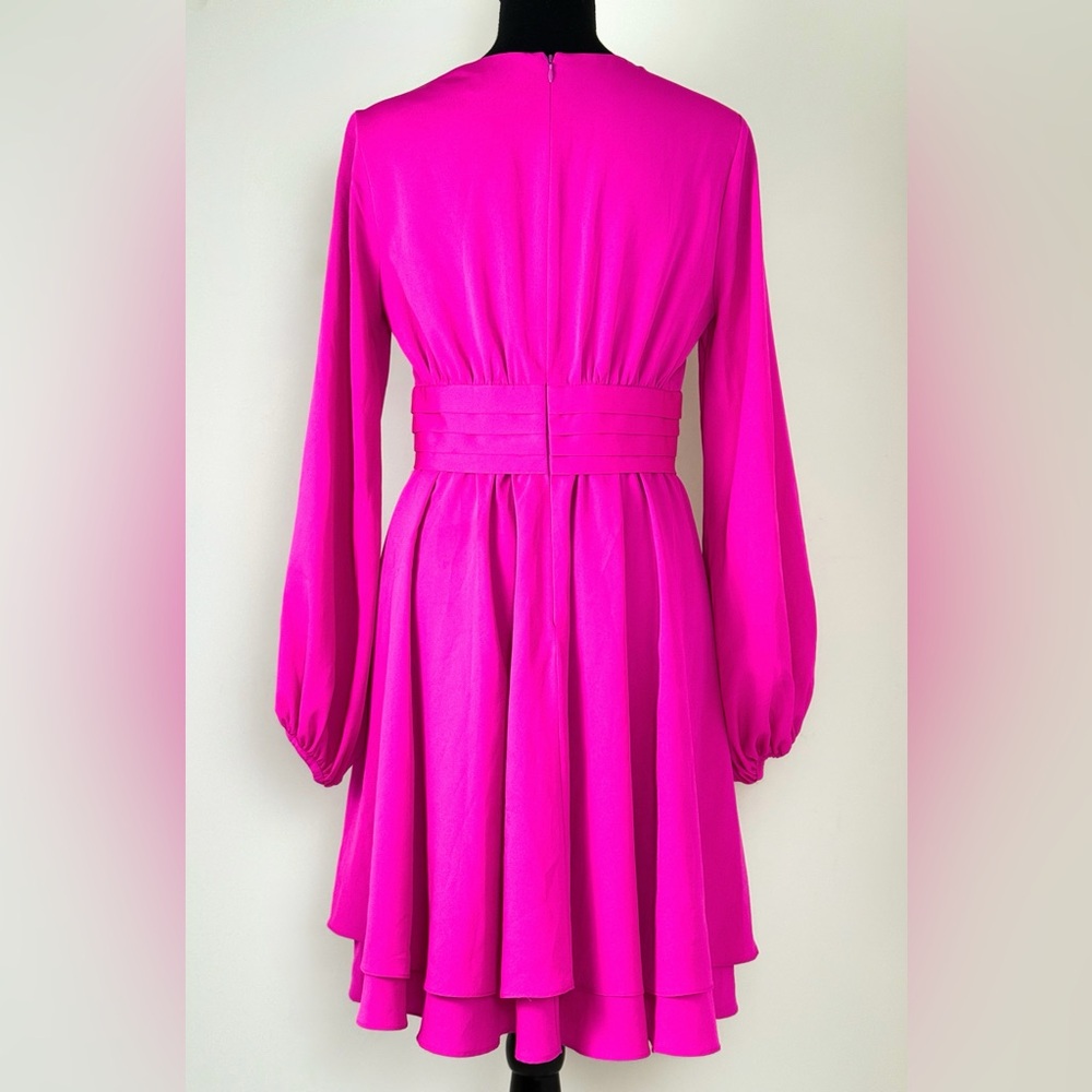 Eliza J Hot Pink Fuschia Long Sleeve Fit & Flare V-Neck Dress-Small - Picture 5 of 10